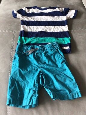 Navy & White Striped Tee with Teal Accent and Teal Shorts